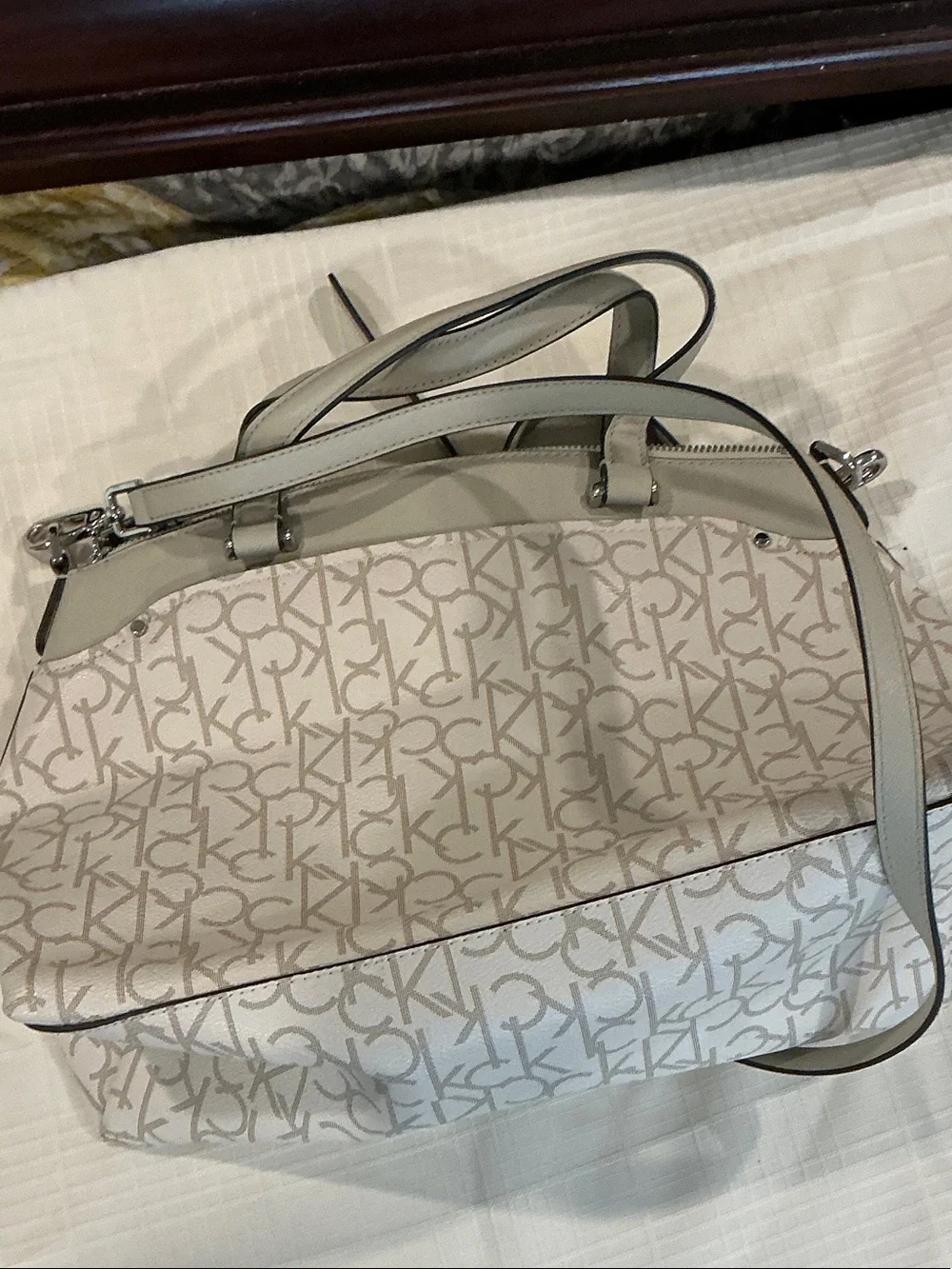 Calvin Klein White and Light Gray Logo Satchel with Crossbody Strap